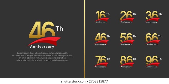 conjunto de aniversário logotipo estilo fita vermelha. vetor design cor dourada para celebração