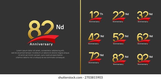 Conjunto de logotipo de aniversario estilo cinta roja. diseño de Vector de color dorado para la celebración