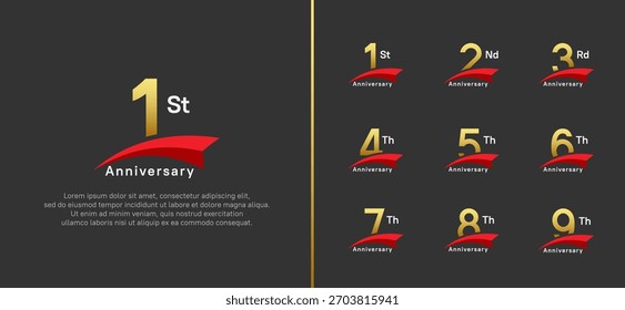 Set von Jubiläums-Logo Stil roten Band. Vektordesign goldene Farbe zum Feiern