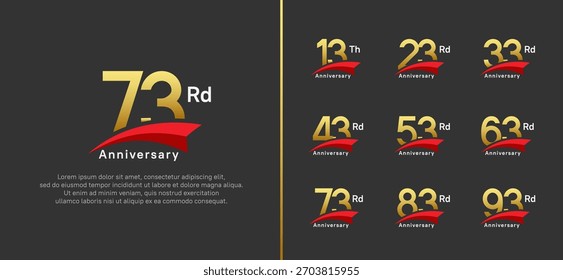 set of anniversary logo style red ribbon. vector design golden color for celebration