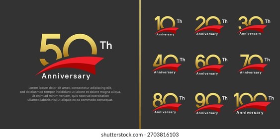 Set von Jubiläums-Logo Stil roten Band. Vektordesign goldene Farbe zum Feiern