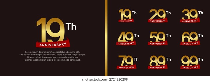 Conjunto de logotipo de aniversario estilo cinta roja. diseño de Vector de color dorado para la celebración