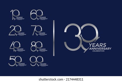 conjunto de logo de aniversario estilo color de plata sobre fondo azul para evento de celebración