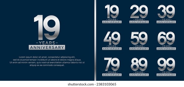 conjunto de logo de aniversario estilo color de plata sobre fondo azul para celebración