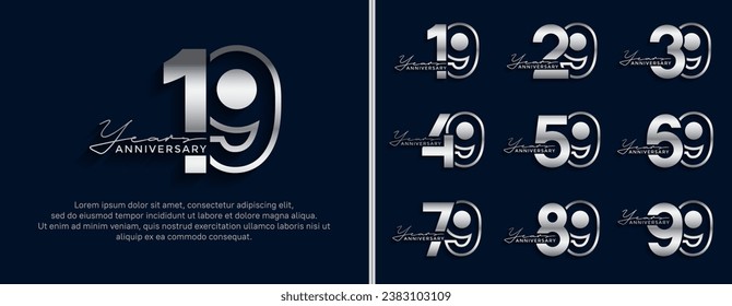 conjunto de logo de aniversario estilo color de plata sobre fondo azul para celebración