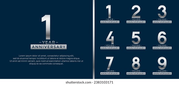 conjunto de logo de aniversario estilo color de plata sobre fondo azul para celebración