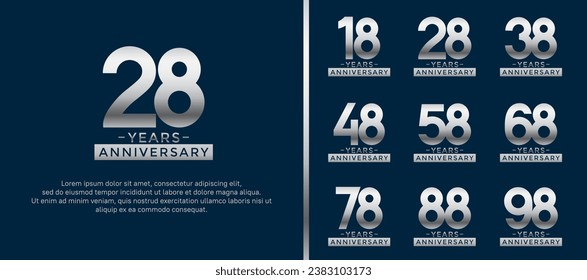 conjunto de logo de aniversario estilo color de plata sobre fondo azul para celebración