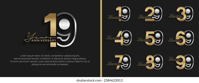 conjunto de logo de aniversario estilo plata y color dorado para celebración