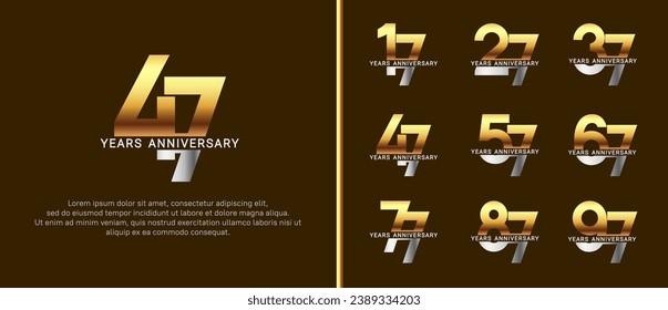 conjunto de logo de aniversario estilo plata y color dorado sobre fondo marrón para celebración
