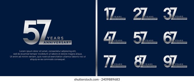 conjunto de logo de aniversario estilo color de plata sobre fondo azul para celebración
