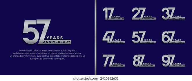 conjunto de logo de aniversario estilo color de plata sobre fondo azul para celebración