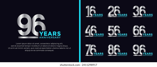 conjunto de logo de aniversario estilo plata y color azul en fondo oscuro para celebración