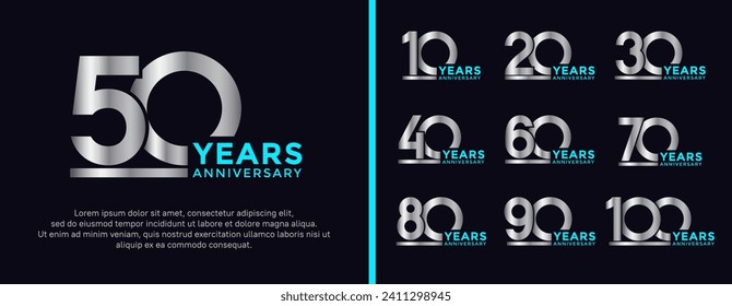 conjunto de logo de aniversario estilo plata y color azul en fondo oscuro para celebración