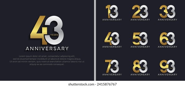 conjunto de estilos de logo de aniversario color plata y oro sobre fondo oscuro para un momento especial