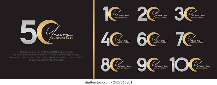 set of anniversary logo style silver and gold color on dark background for special moment