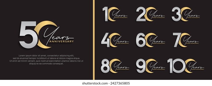set of anniversary logo style silver and gold color on dark background for special moment
