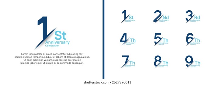 set of anniversary logo style with slash. vector design blue color for celebration