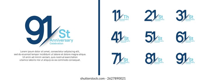 conjunto de estilo logotipo de aniversário com barra. vetor design cor azul para celebração