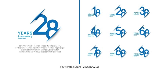 set of anniversary logo style with slash. vector design blue color for celebration