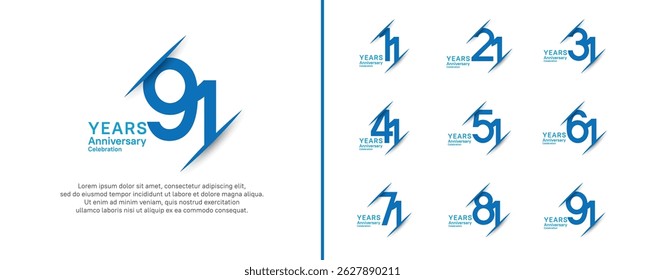 set of anniversary logo style with slash. vector design blue color for celebration