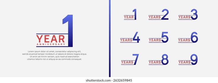 Conjunto de estilo de logotipo de aniversario. Diseño de Vector color azul y rojo para la celebración