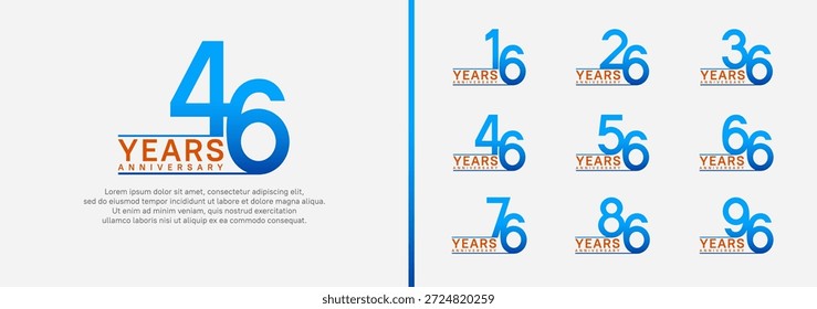 Conjunto de estilo de logotipo de aniversario. Diseño de Vector color azul y naranja para la celebración