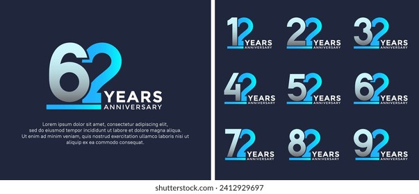 conjunto de estilos de logo de aniversario color blanco y azul en fondo azul para celebración