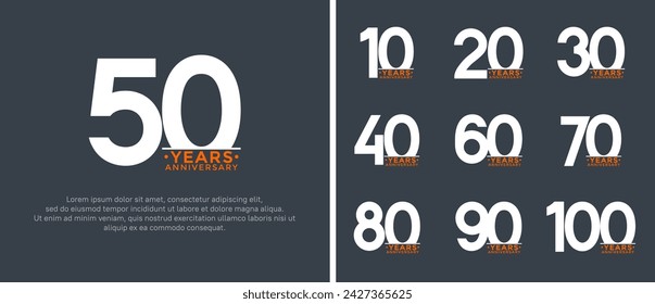 set of anniversary logo style white and orange color on grey background for special moment