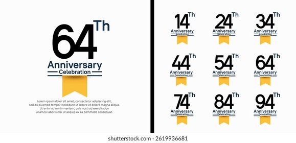 set of anniversary logo style with yellow ribbon. vector design black color for celebration