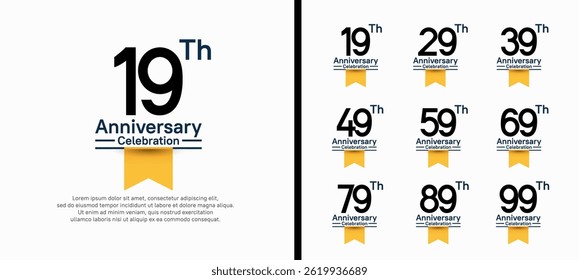 set of anniversary logo style with yellow ribbon. vector design black color for celebration