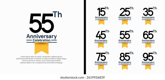 set of anniversary logo style with yellow ribbon. vector design black color for celebration