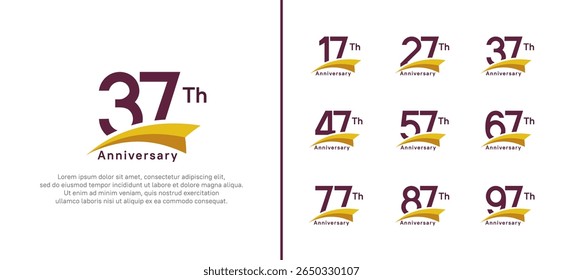 set of anniversary logo style yellow ribbon. vector design purple color for celebration