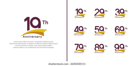 set of anniversary logo style yellow ribbon. vector design purple color for celebration