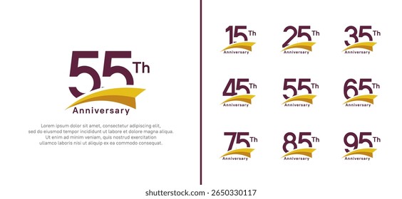 set of anniversary logo style yellow ribbon. vector design purple color for celebration