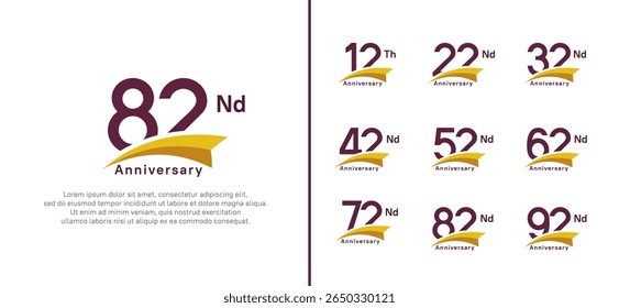 set of anniversary logo style yellow ribbon. vector design purple color for celebration