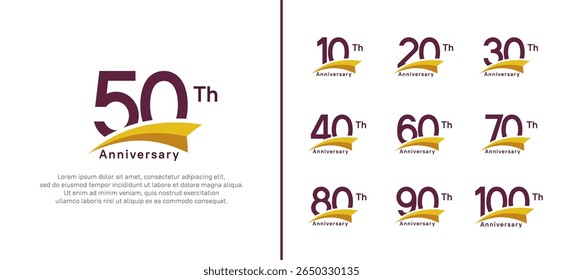 set of anniversary logo style yellow ribbon. vector design purple color for celebration