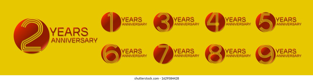 set anniversary logo template with circle motif in red color on yellow background , vector design for celebration purpose