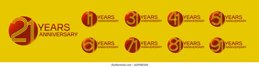 set anniversary logo template with circle motif in red color on yellow background , vector design for celebration purpose