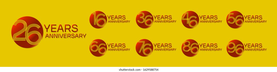 set anniversary logo template with circle motif in red color on yellow background , vector design for celebration purpose