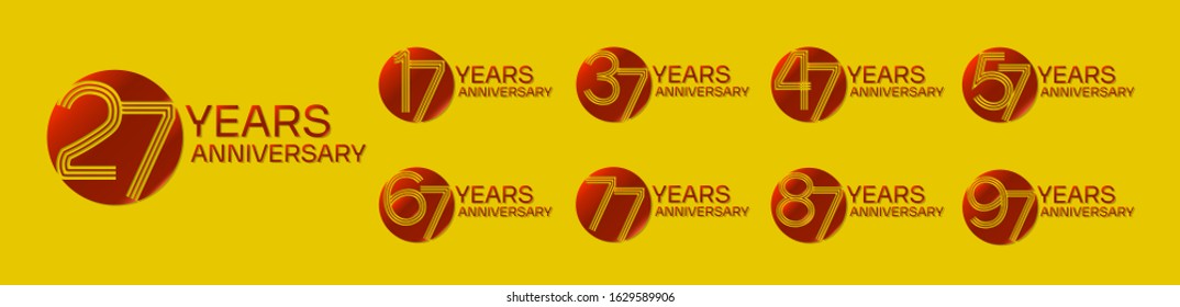 set anniversary logo template with circle motif in red color on yellow background , vector design for celebration purpose