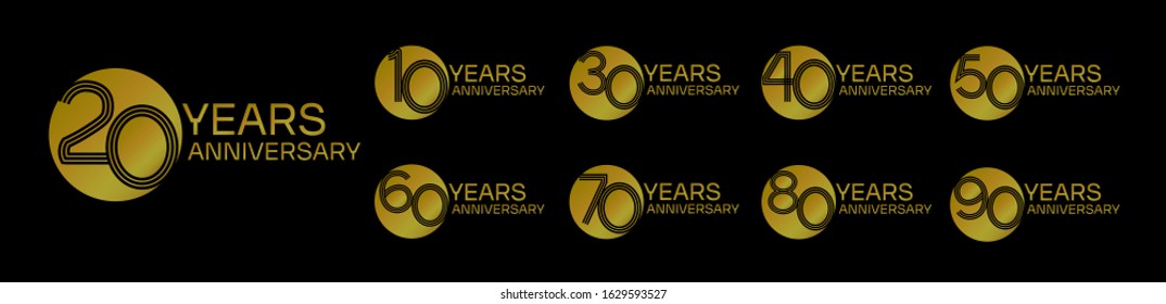 set anniversary logo template with circle motif in gold color on black background, vector design for celebration purpose