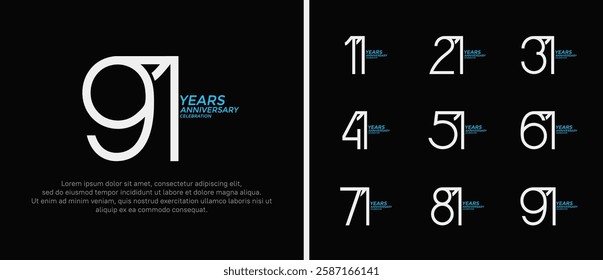 set of anniversary logo white and blue color on black background for celebration moment