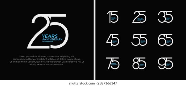 set of anniversary logo white and blue color on black background for celebration moment