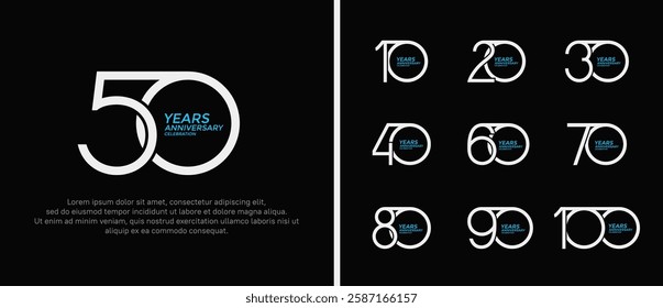 set of anniversary logo white and blue color on black background for celebration moment