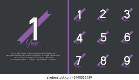 set of anniversary logo white color number and purple ribbon on black background for celebration