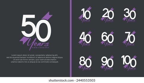 set of anniversary logo white color number and purple ribbon on black background for celebration