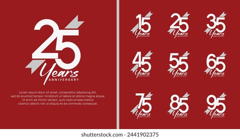 set of anniversary logo white color number and white ribbon on red background for celebration