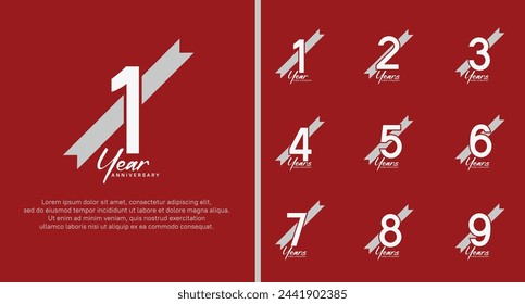 set of anniversary logo white color number and white ribbon on red background for celebration