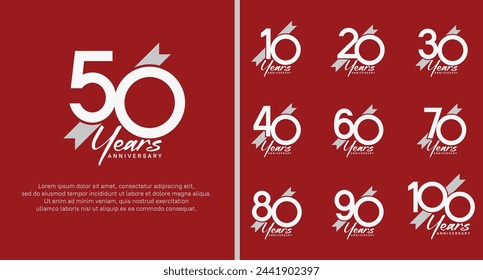 set of anniversary logo white color number and white ribbon on red background for celebration