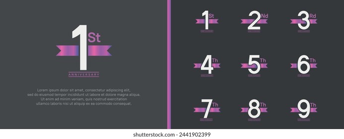 set of anniversary logo white color number and purple ribbon on black background for celebration